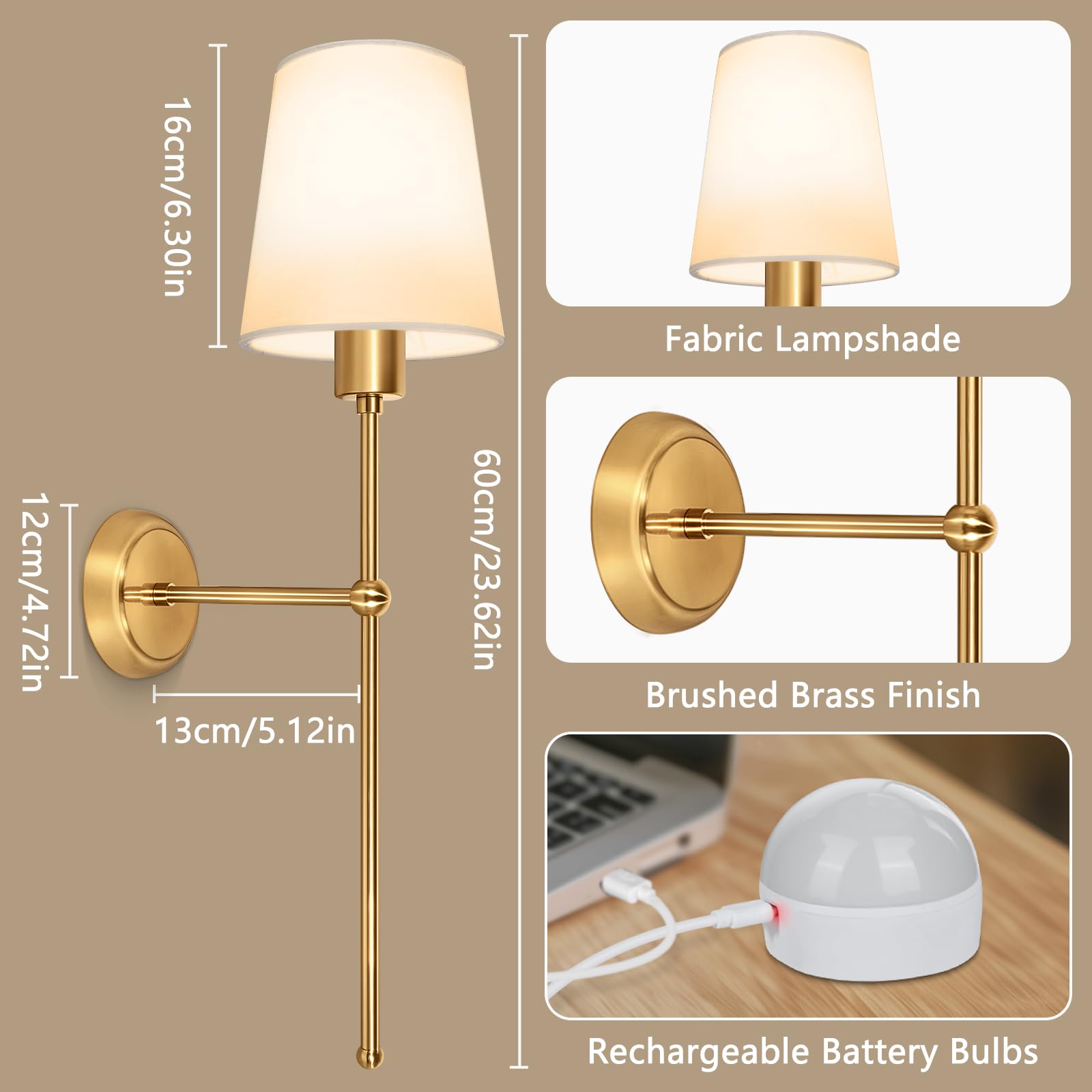 Apliques de Pared Interior, Lámparas de Pared LED Recargables con Batería Juego de 2 Lámpara LED Ajustable, 3 Temperaturas + 12 RGB, Mando - Ideal Dormitorio, Salón, Pasillo