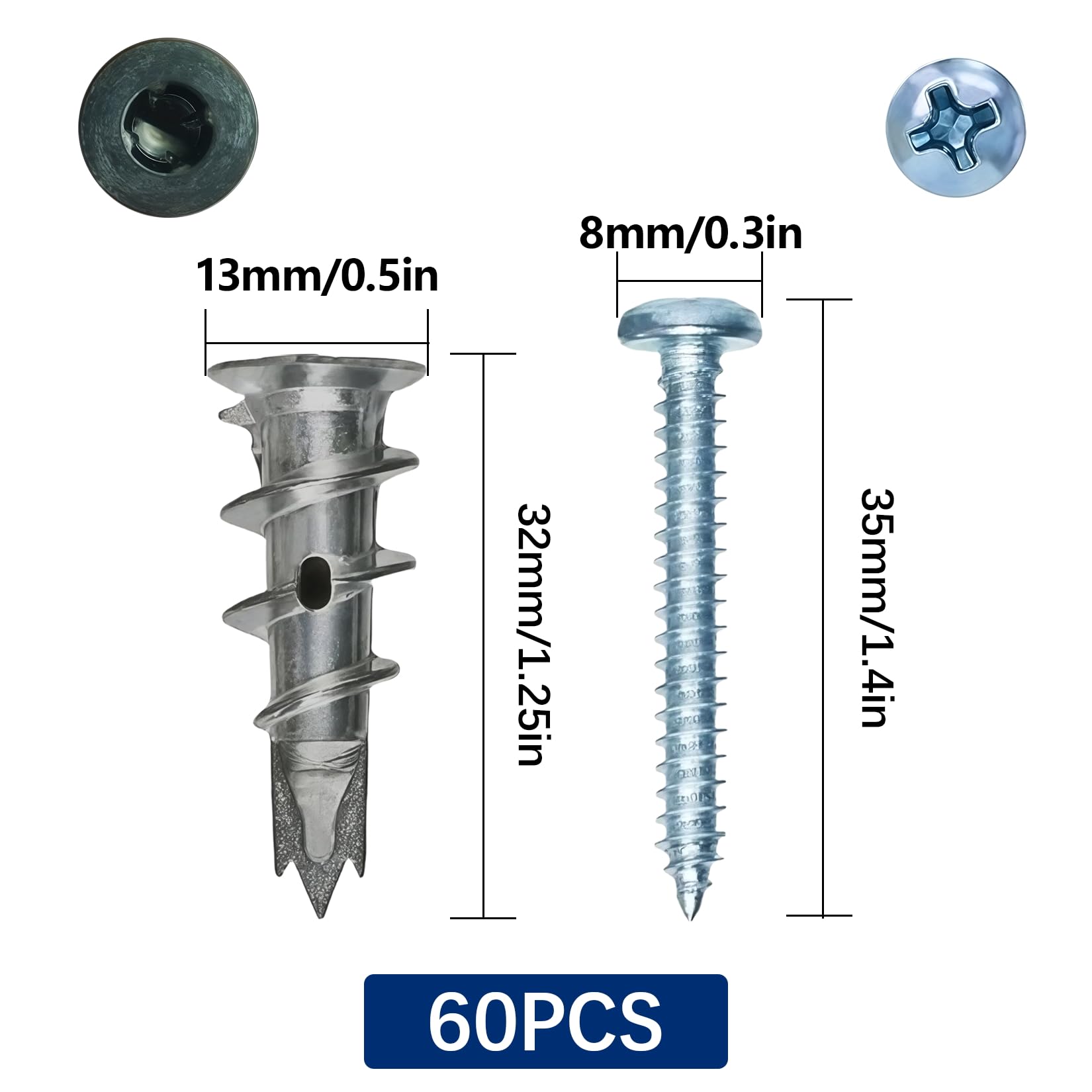 AvrestYPT Zinc Self-Drilling Drywall Anchors with Screws Kit, 30 Heavy Duty Metal Wall Anchors and 30#8 x 1-1/4'' Screws - 60 Pieces All Together