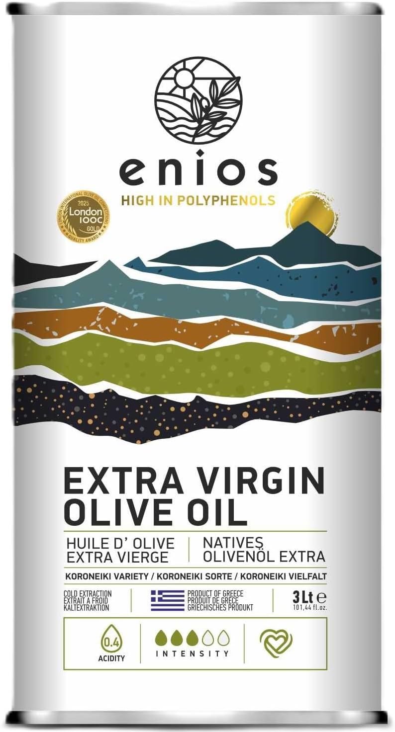 Enios Greek (Kalamata) Extra Virgin Olive Oil 3L. First Cold Pressed, Low Acidity 0.27% Rich in Polyphenols. New Harvest 25-26. Best Before: Aug-2027