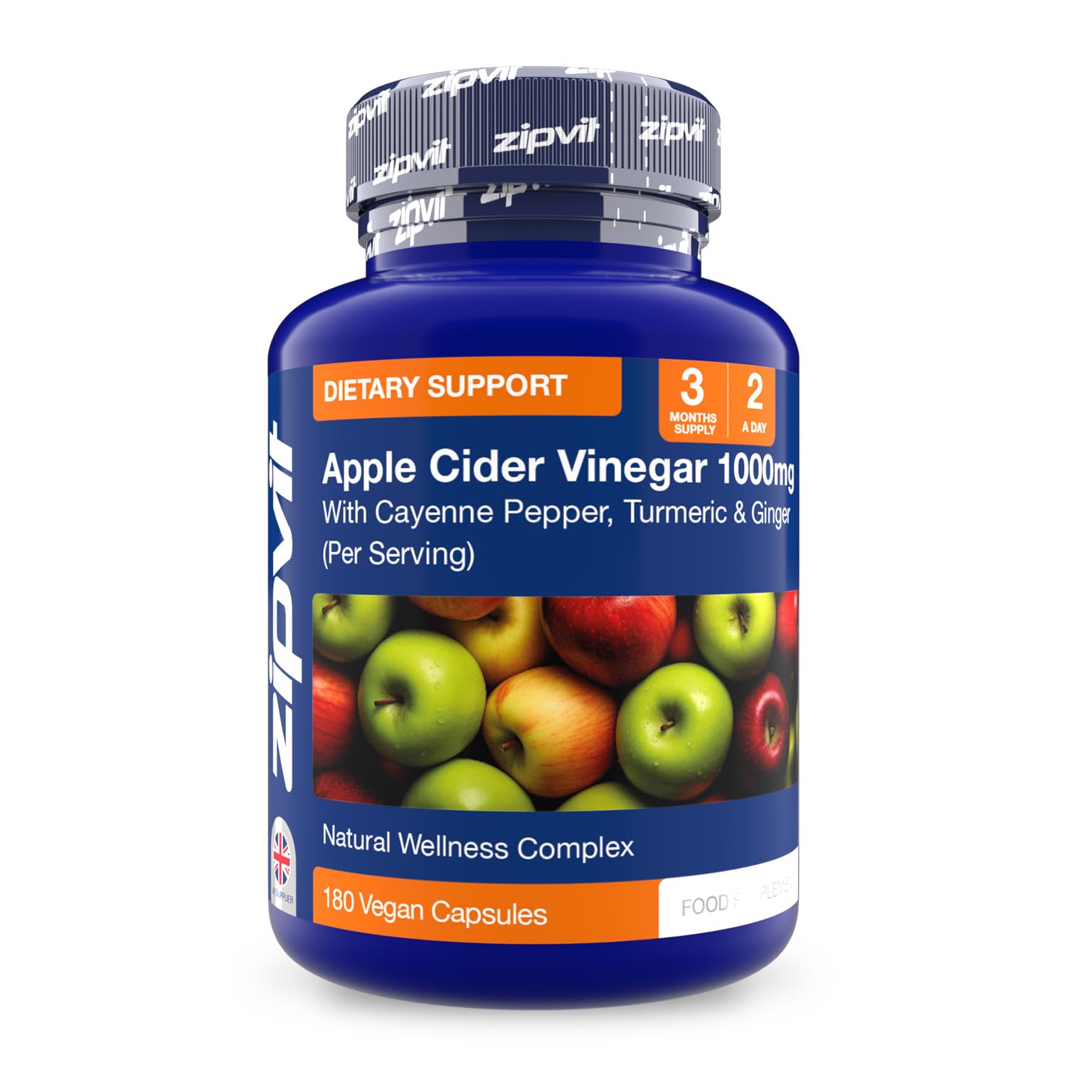 Zipvit Apple Cider Vinegar Capsules 1000mg, High Strength ACV with Turmeric, Ginger and Cayenne Pepper, 180 Vegan Tablets, 3 Months Supply