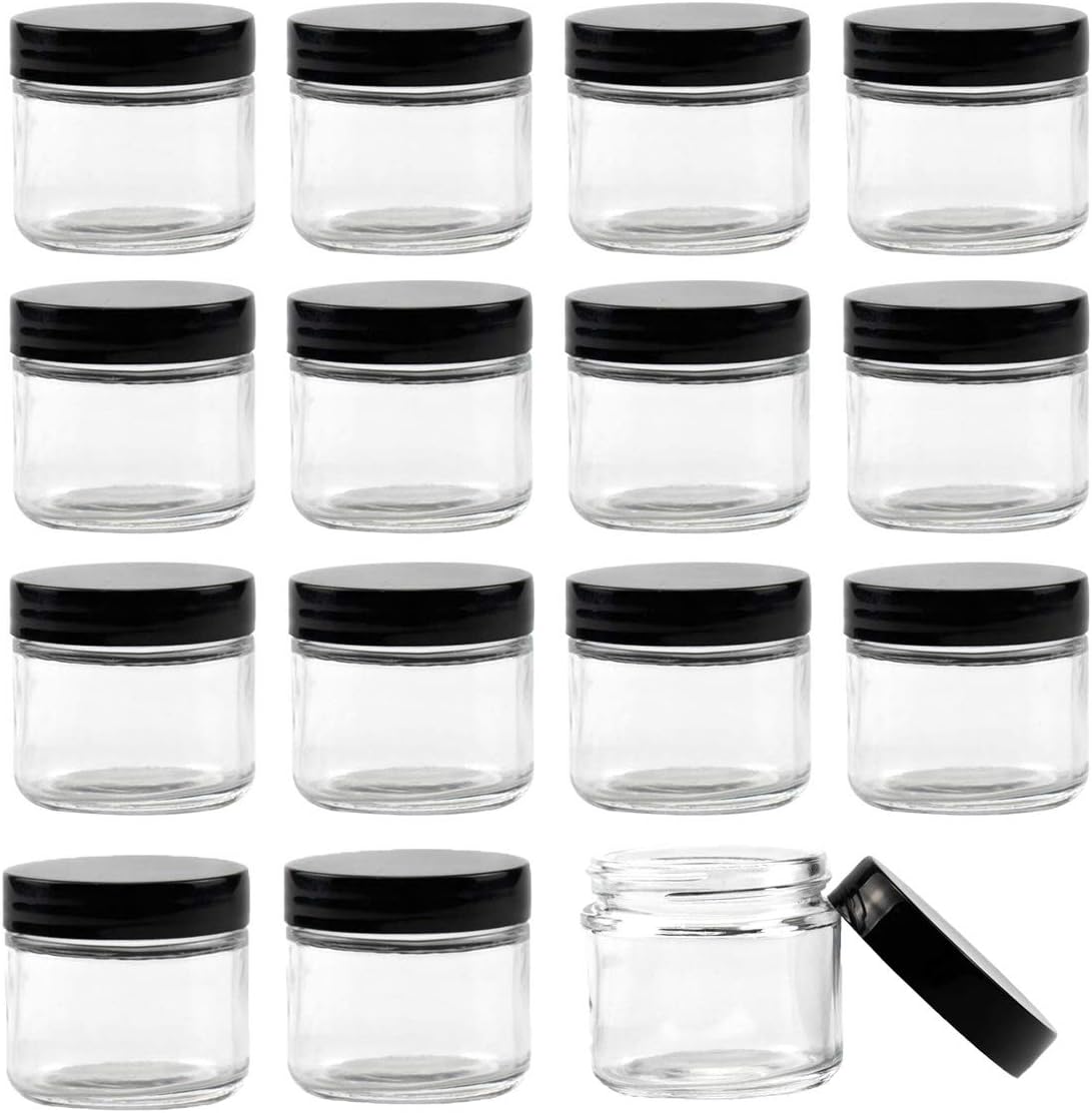 Bekith 15 pack 2oz Round Jar Straight Sided Clear Glass Jars, Airtight Glass Jar with Black Plastic Smooth Lids