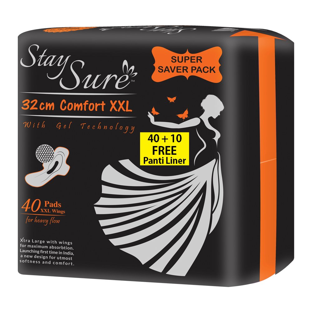 Stay Sure Sanitary Comfort XXL Pads | 40 Ultra-Absorbent Pads + 10 Free Panty Liners | Maximum Protection for All-Day Comfort and Leak-Guard (32 cm) (B0798SB8CW) Amazon Price History, Amazon Price Tracker