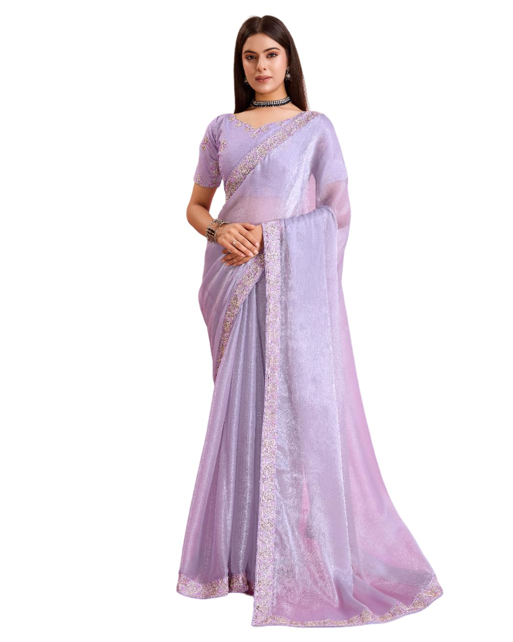 VAIRAGEEWomen Beautiful Soft Burberry Solid Pattern Embroidery Border Work Saree With Unstitched Blouse (6219)