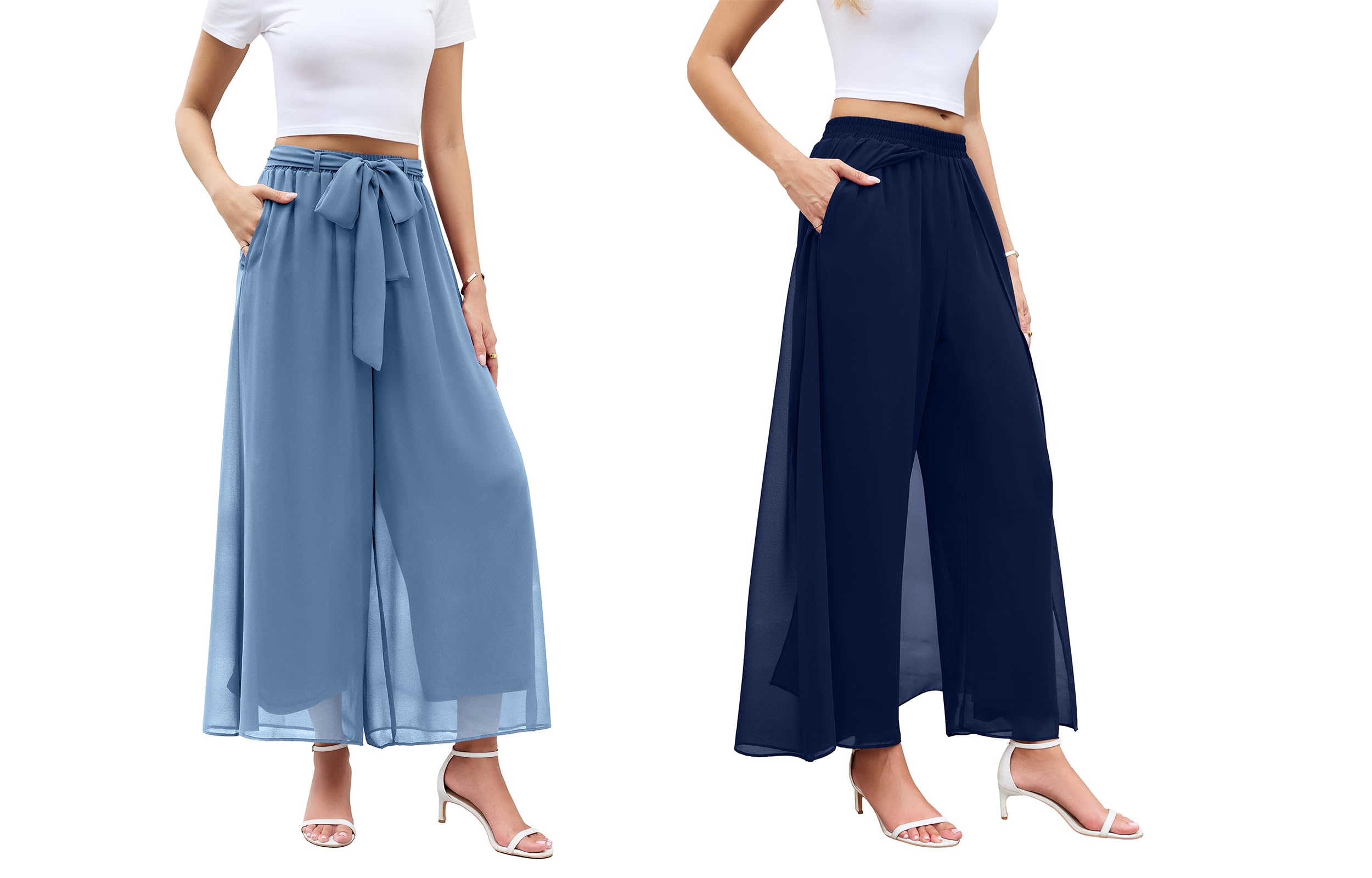 WANGZHI Womens Chiffon Dress Pant Wide Leg Palazzo Trouser Plus Size Elastic Waist Casual Skirt Pant with Pocket