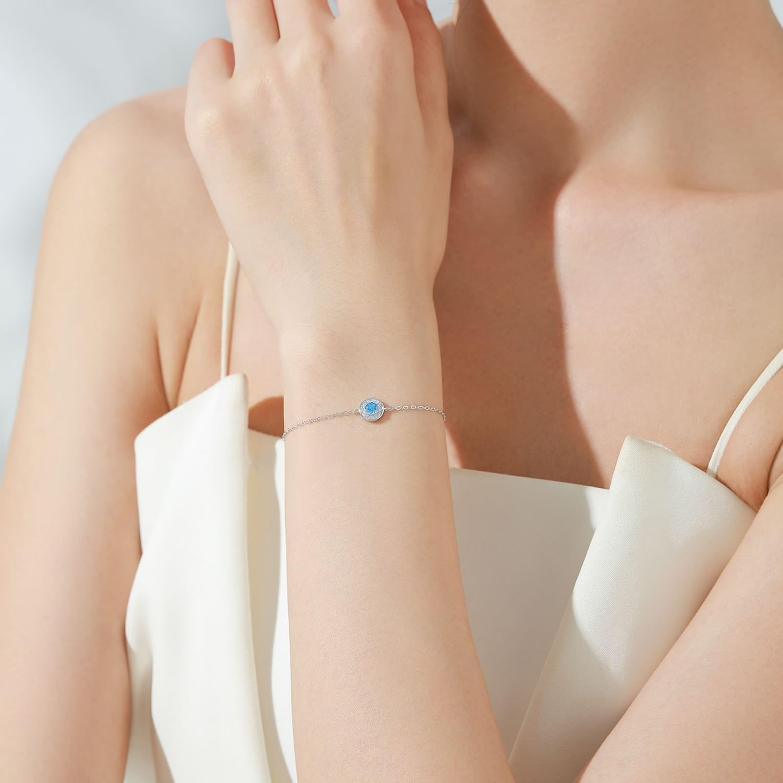 KnSam Pulsera de plata auténtica Au 375/585/750, oro blanco, pulsera para mujer, clásica, círculo con aguamarina azul claro, brazaletes de laboratorio creado con diamante blanco 9 K/14 K/18 K