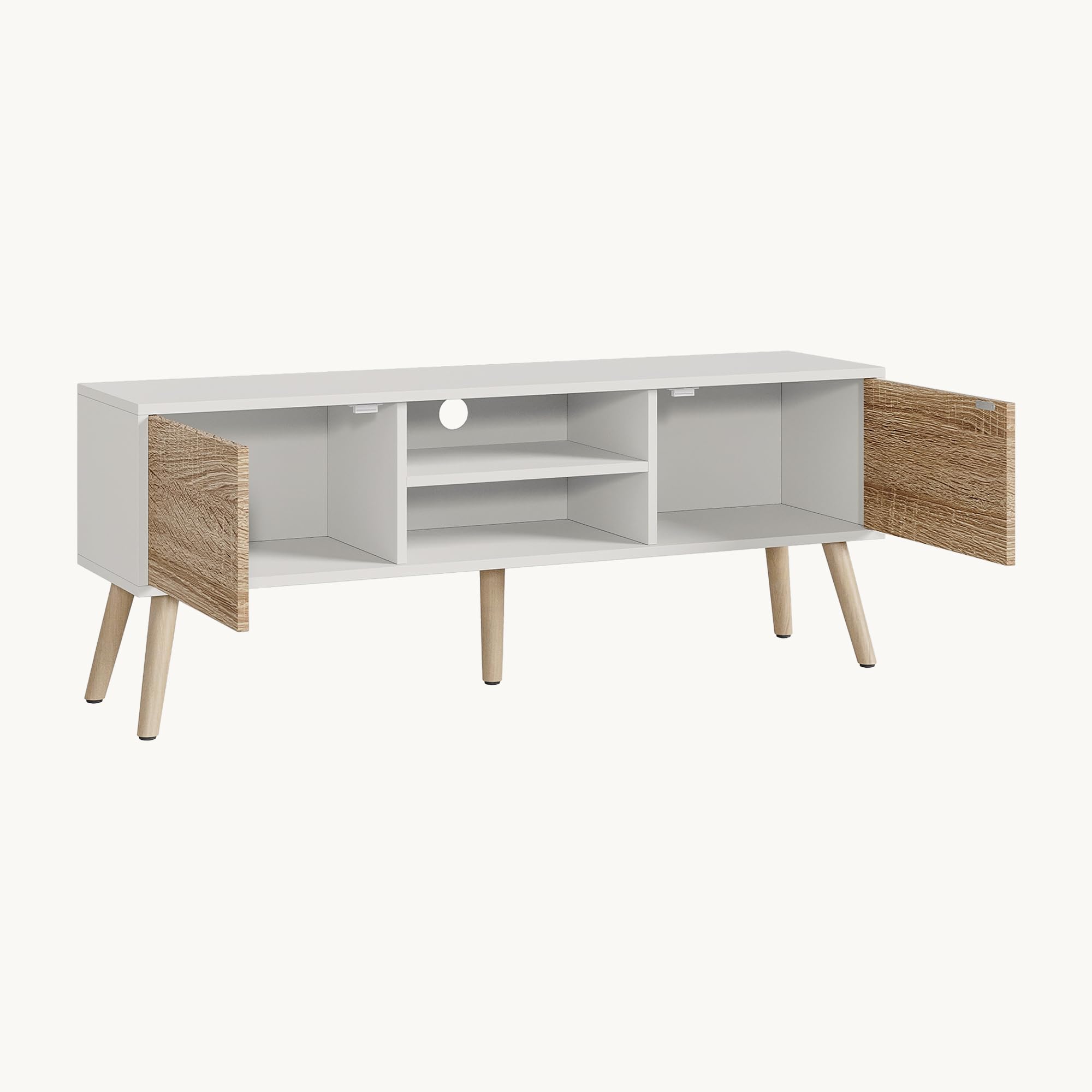 Meuble TV Design Support Télé Banc avec 2 Portes et 2 Étagères Panneau de Particules Mélaminé Pieds en Bois avec Revêtement PVC 120 x 30 x 47 cm Blanc Effet Chêne