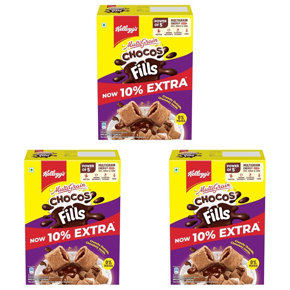 Kellogg's Chocos Fills 250g + 25g Extra Free | Double Chocolaty, Anytime Snack | 3 Grains: Oats, Wheat & Rice, Protein Rich, 0% Maida (Pack of 3)-image-3