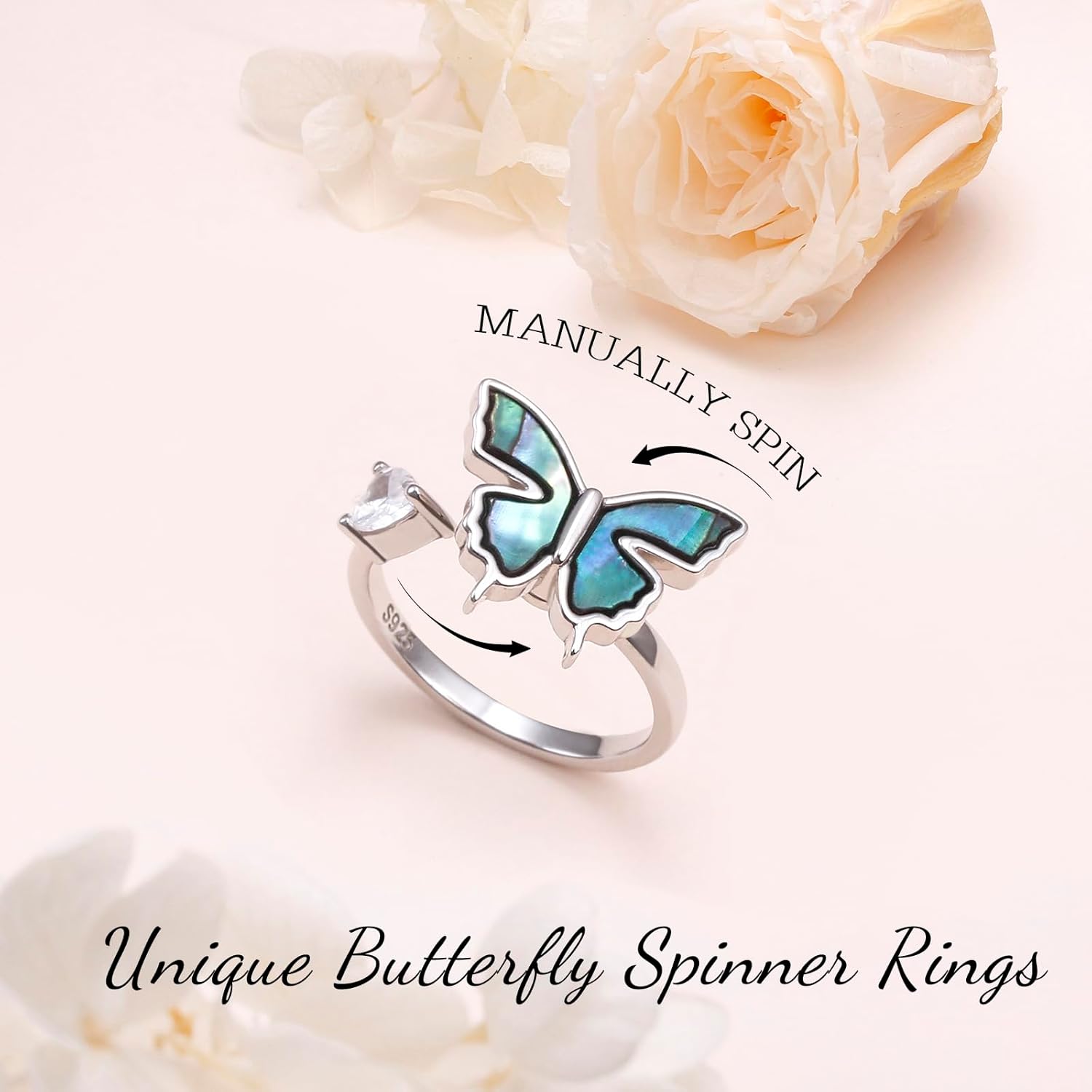Butterfly Spinner Ring for Women 925 Sterling Silver Abalone Shell Fidget Anxiety Ring Open Adjustable Ring With Cubic Zirconia Jewelry Birthday Gifts for Women - Image 2