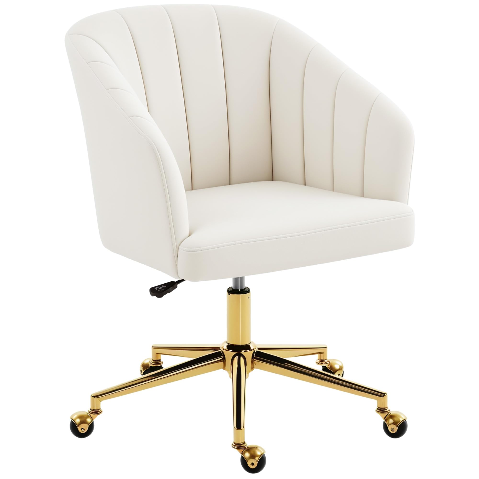 HOMCOM Silla de Oficina con Ruedas, Silla de Escritorio de Terciopelo con Respaldo Acolchado con Costuras, Asiento Ancho, Altura Ajustable, Espuma de Alta Resiliencia, para Casa, Oficina, Crema