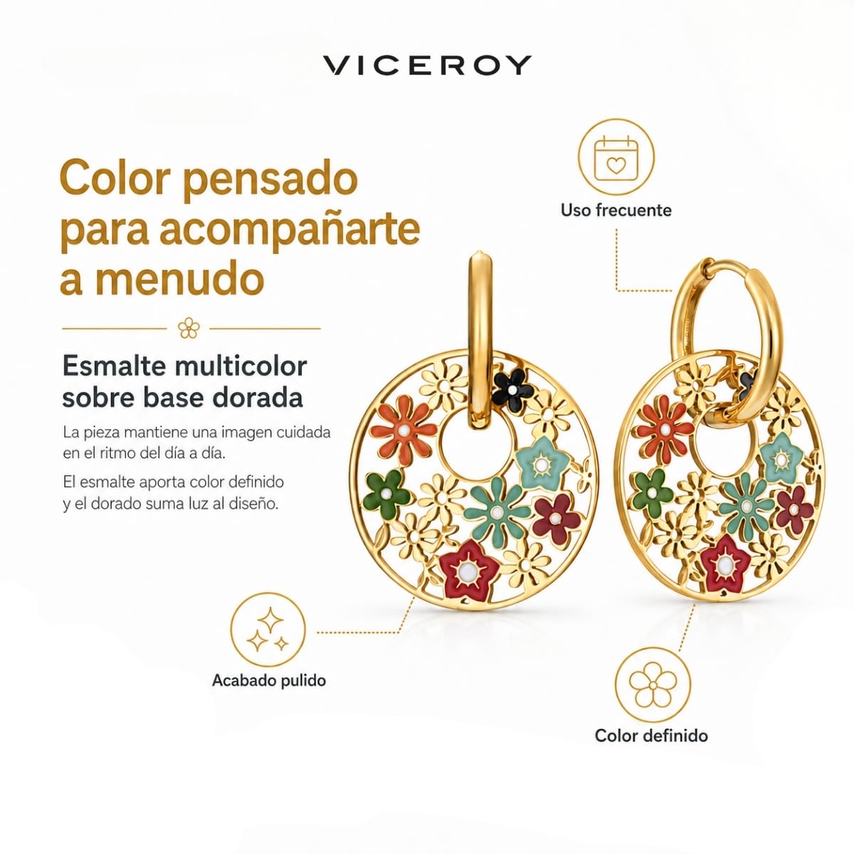 Viceroy Pendientes Kiss para Mujer de Acero Inoxidable con Baño en Tono Dorado - Diseño de Flores Multicolor - Joya Femenina para Regalo