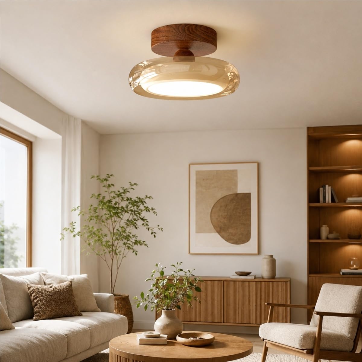 Unterputz-Deckenleuchte, moderne Bauhaus-Deckenleuchte aus der Mitte des Jahrhunderts mit Walnussholzmaserung und Glasringschirm in der Nähe der Deckenleuchte for den Flureingang(Walnut wood color)