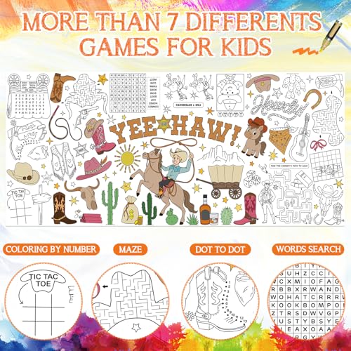 Image of Western Giant Coloring Poster for Kids 30x72 Inch, First Rodeo Large Coloring Poster Tablecloth, Cowboy Cowgirl Themed Color-in Activities Games for Kids School Classroom Home Birthday Party Decors