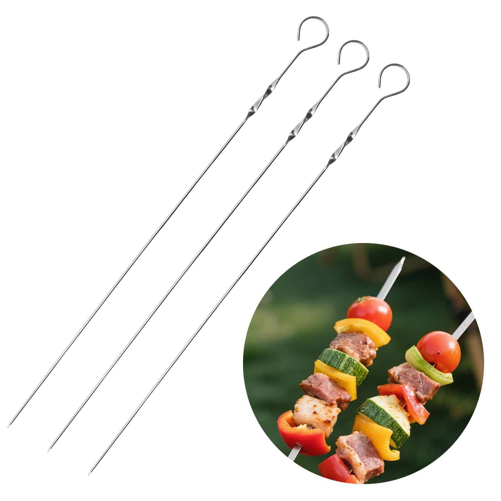 SINJEUN Set di 20 spiedini per barbecue in acciaio inox, 40 cm, spessore 0,7 cm, con design a spirale, per barbecue e cucina all'aperto