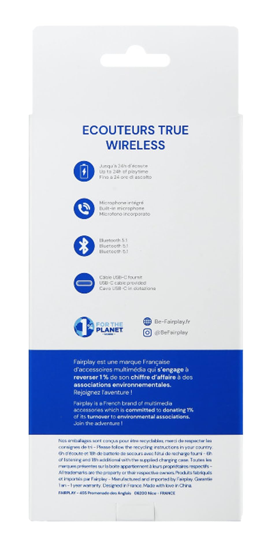 Fairplay écouteurs sans Fil Bluetooth TWS Alaska 24h d'autonomie (Noir)