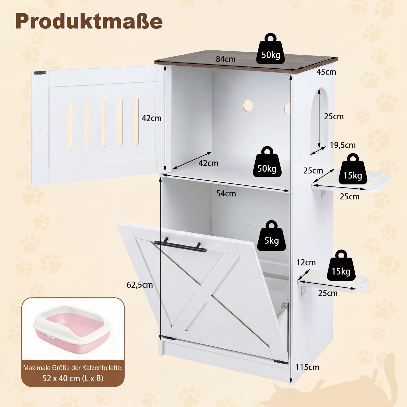 COSTWAY Katzenklo Schrank, Katzenschrank mit 2 Sisal-Kratzmatten, Plattformen & Klappfach, 3 in 1 Katzenhaus Katzentoilette Beistelltisch, Holz, Katzenmöbel für Wohnzimmer, modern, Weiß
