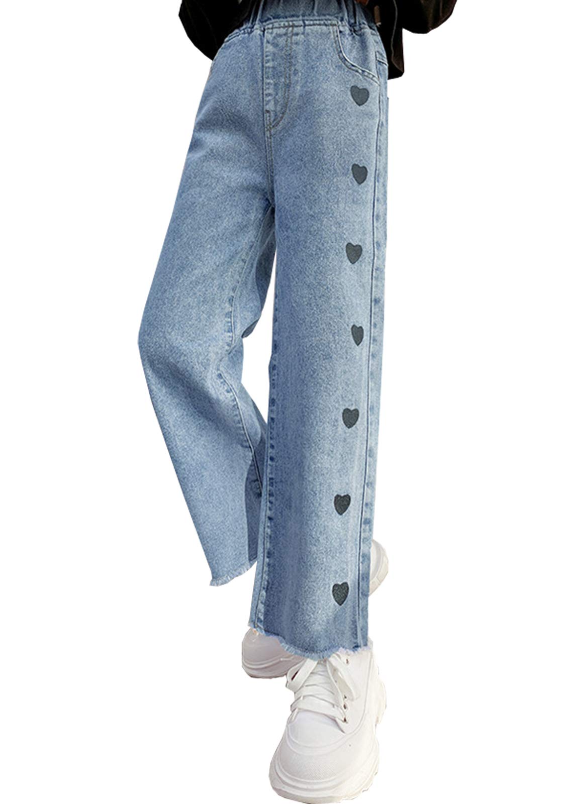 NABERKids Girls' Casual Heart Pattern Elastic Waist Wide-Leg Denim Trousers Baggy Jeans Age 5-14 Years