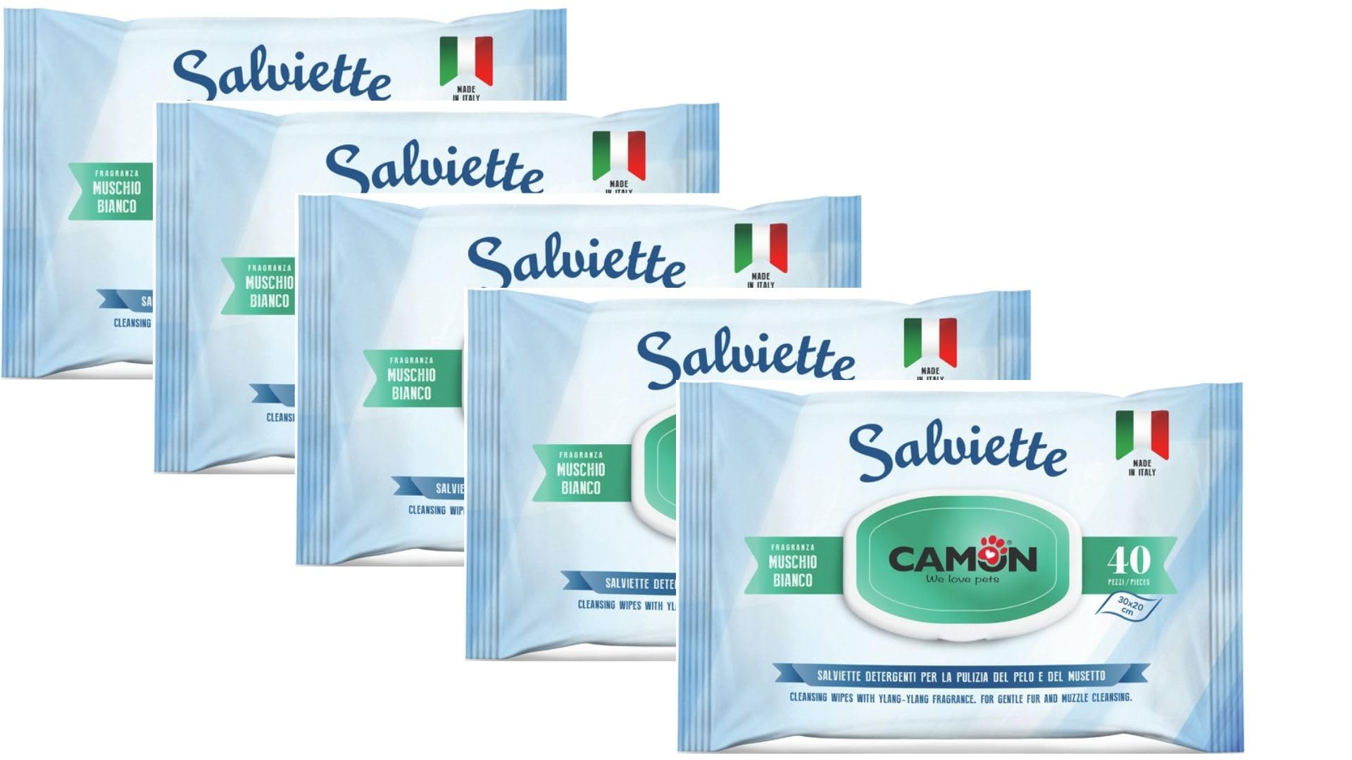 Camon Lot de 5 lingettes nettoyantes pour chiens et chats Blanc