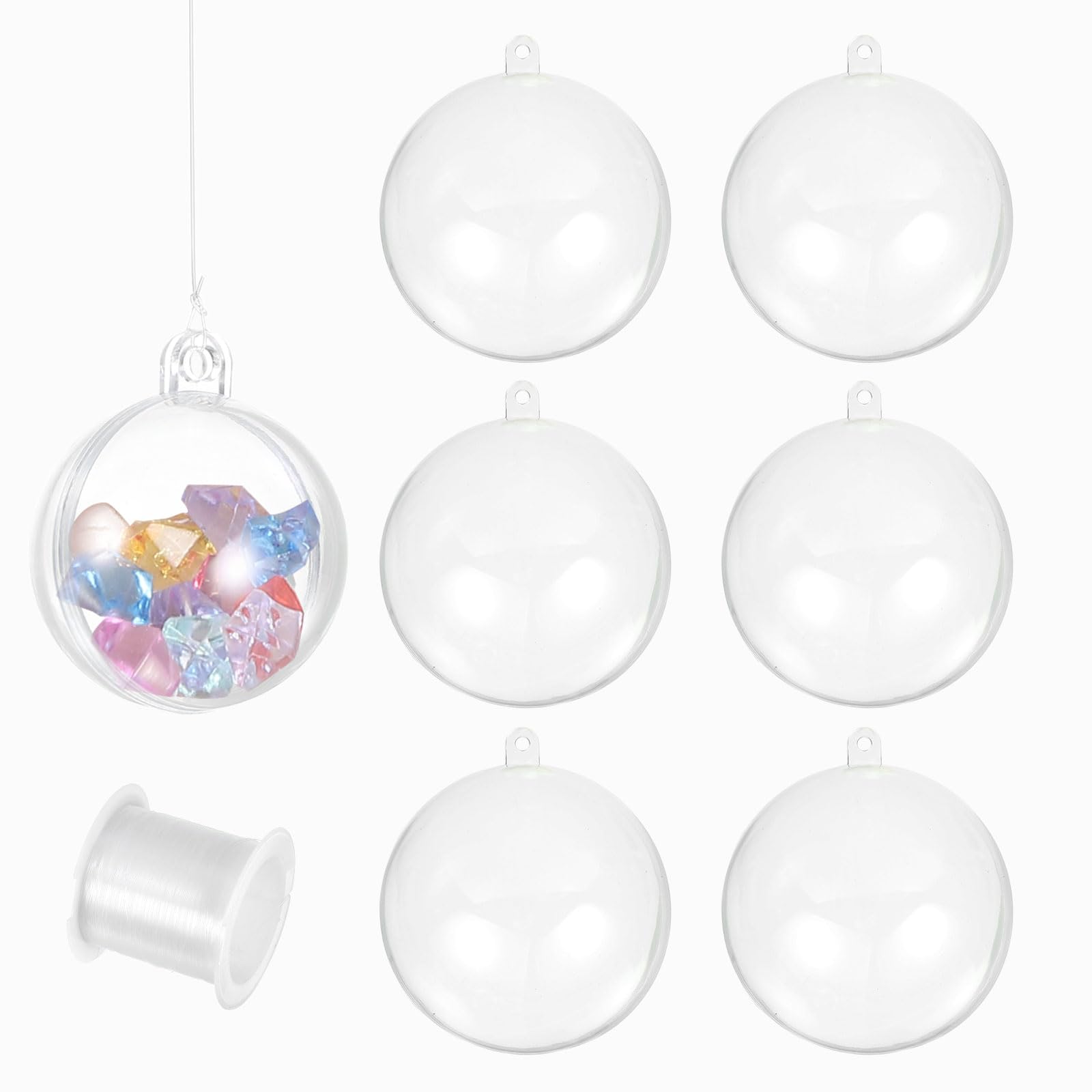 sourcing map 6pcs Clear Plastic Fillable Ornaments, 80mm/3" Clear Acrylic Ornaments Hanging Balls with 164ft Wire DIY Christmas Ornament Decoration for Party Wedding Home Decor