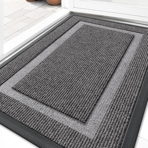 OLANLY Front Door Mat Indoor Outdoor Entrance, Waterproof All-Season, All-Weather Doormat, Sturdy Natural Rubber, Fade Resistant, Low Profile, Easy Clean Patio Porch Entryway Mat, 29.5x17, Dark Grey