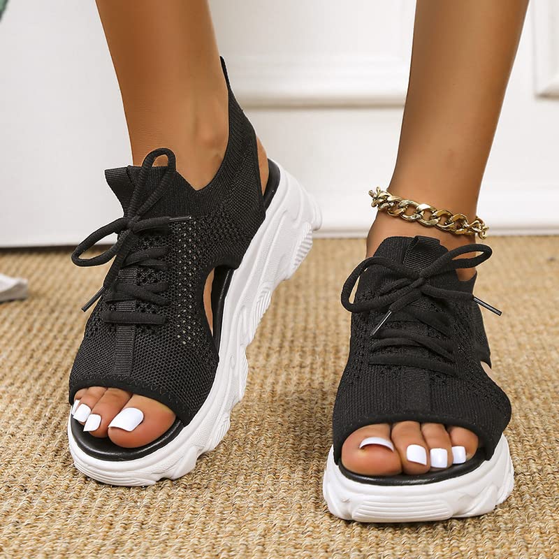 Women's Open Toe Orthopedic Wedge Sneakers - Lace-Up Non-Slip Arch Support Hollow Out Mesh Platform Walking Shoes for Summer Beach Outdoor Casual3