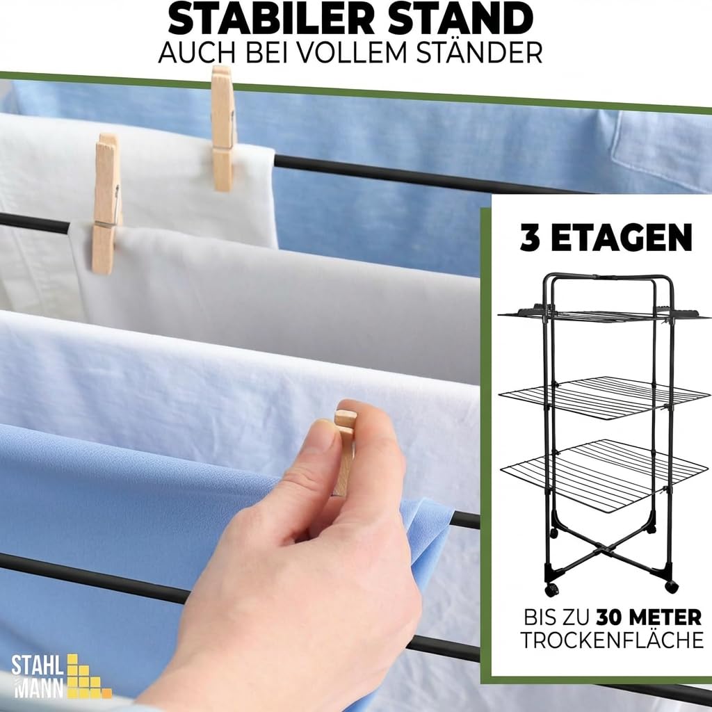 STAHLMANN® Wäscheständer Turm [30 m Trockenfläche] – Turmwäscheständer [3 Etagen] – Wäschesturm [mit Rollen] – platzsparender Wäscheständer in Schwarz