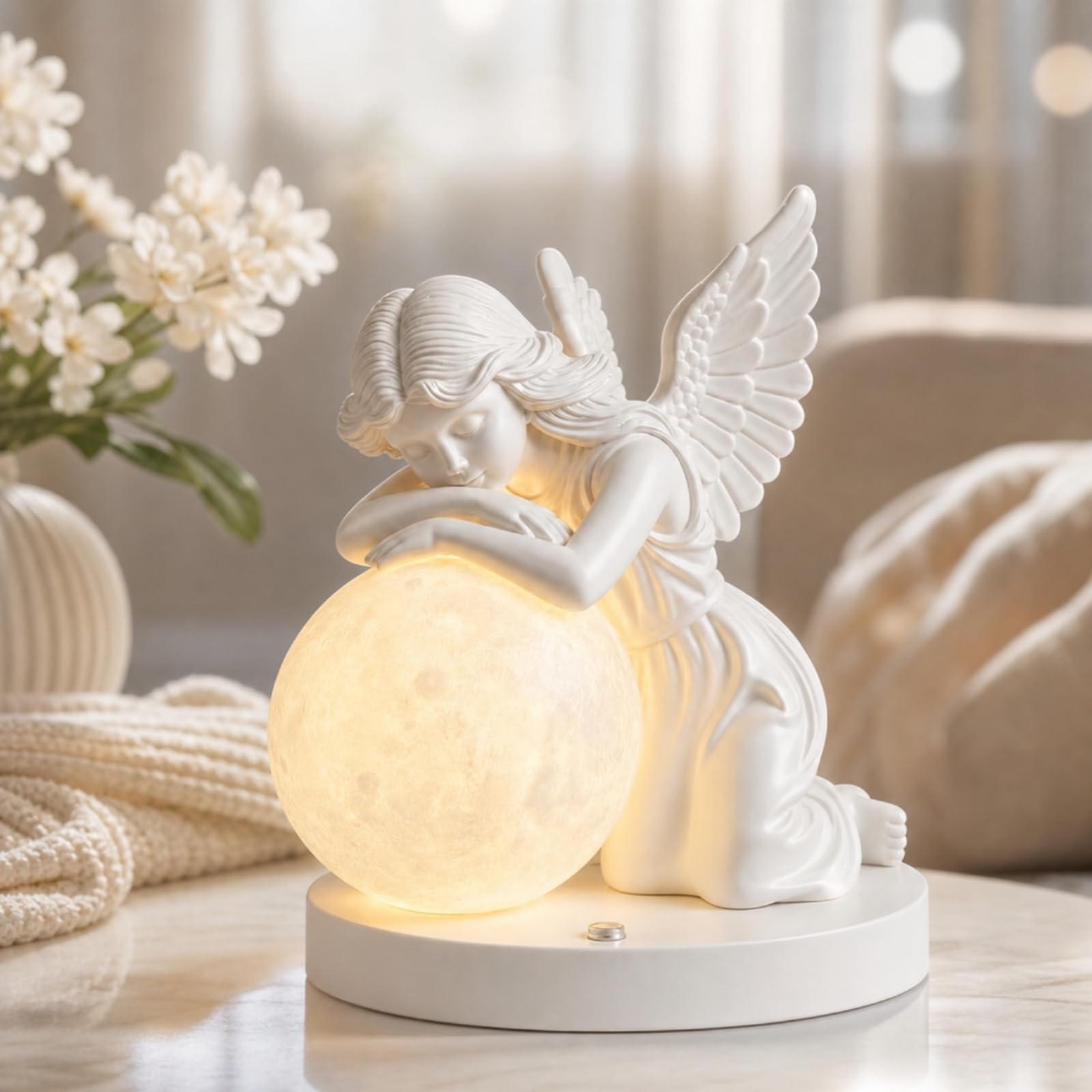 Colcolo Lampada da Comodino Notturna Angelo Luce Notturna Lampada da Tavolo Luce d'Atmosfera in Resina con Finitura Bianca E Globo Sferico Caldo Adatta per