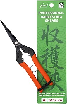 Saboten 7.9" Professional Japanese Harvesting Shears, Straight Precision Blade, Black Fluorine-Coated Stainless Steel, Spring-Loaded, Shock-Absorbing Grip, Safety Lock, Made in Japan