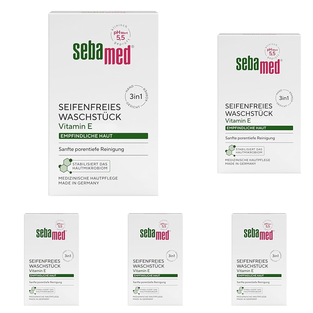 Sebamed seifenfreies Waschstück 150 g, mit Vitamin E, für die tägliche sanfte, porentiefe Reinigung empfindlicher Haut, zur Hand-, Gesichts- und Körperreinigung geeignet (Packung mit 5)