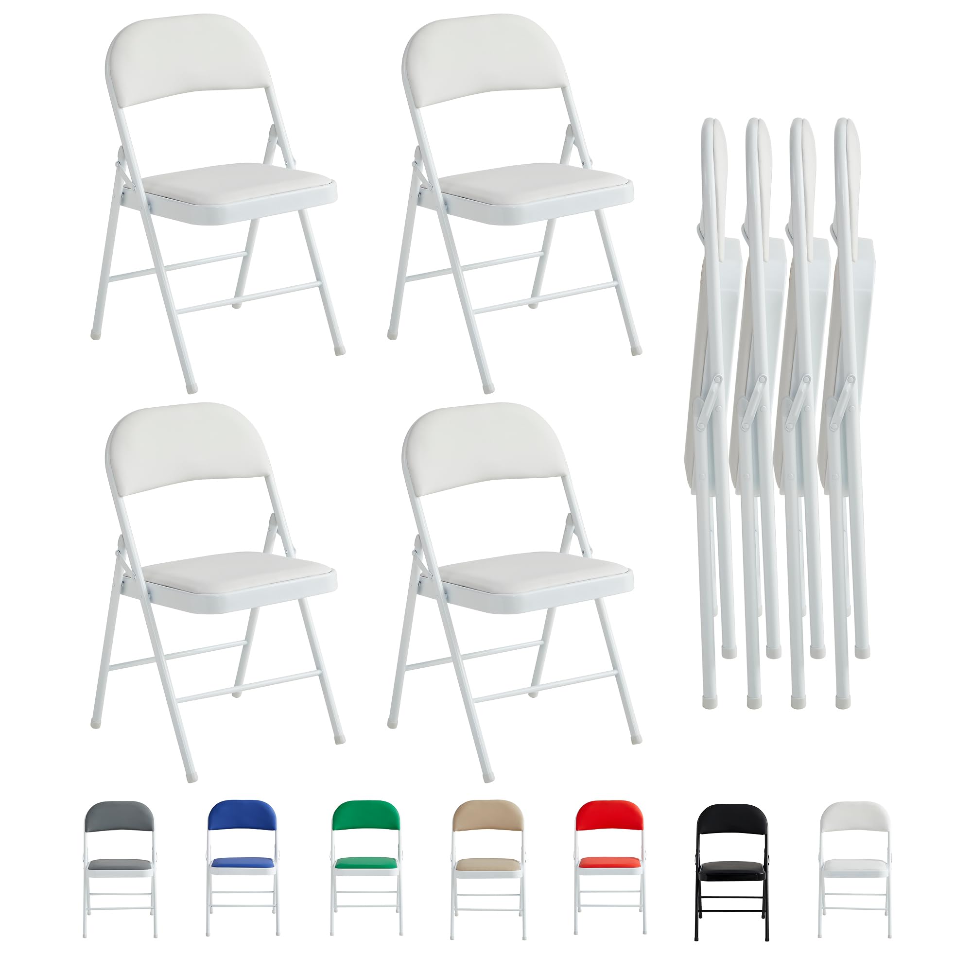 mcc direct Set of 4 Folding Chairs, Faux Leather Foldable Chairs with Metal Frame and Padded Seat, Easy to Fold and Store for Home, Office, Dining and Reception (White)