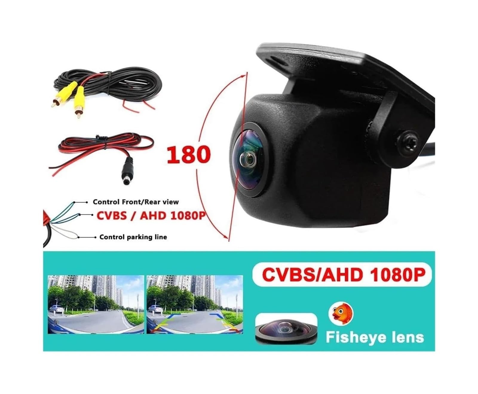 Copia Seguridad Cámara Kit De Cámara Marcha Atrás Con Seguimiento Trayectoria Dinámica Para Coche Línea Aparcamiento HD 1080P Y Lente Ojo Pez(180 AHD 1080P)