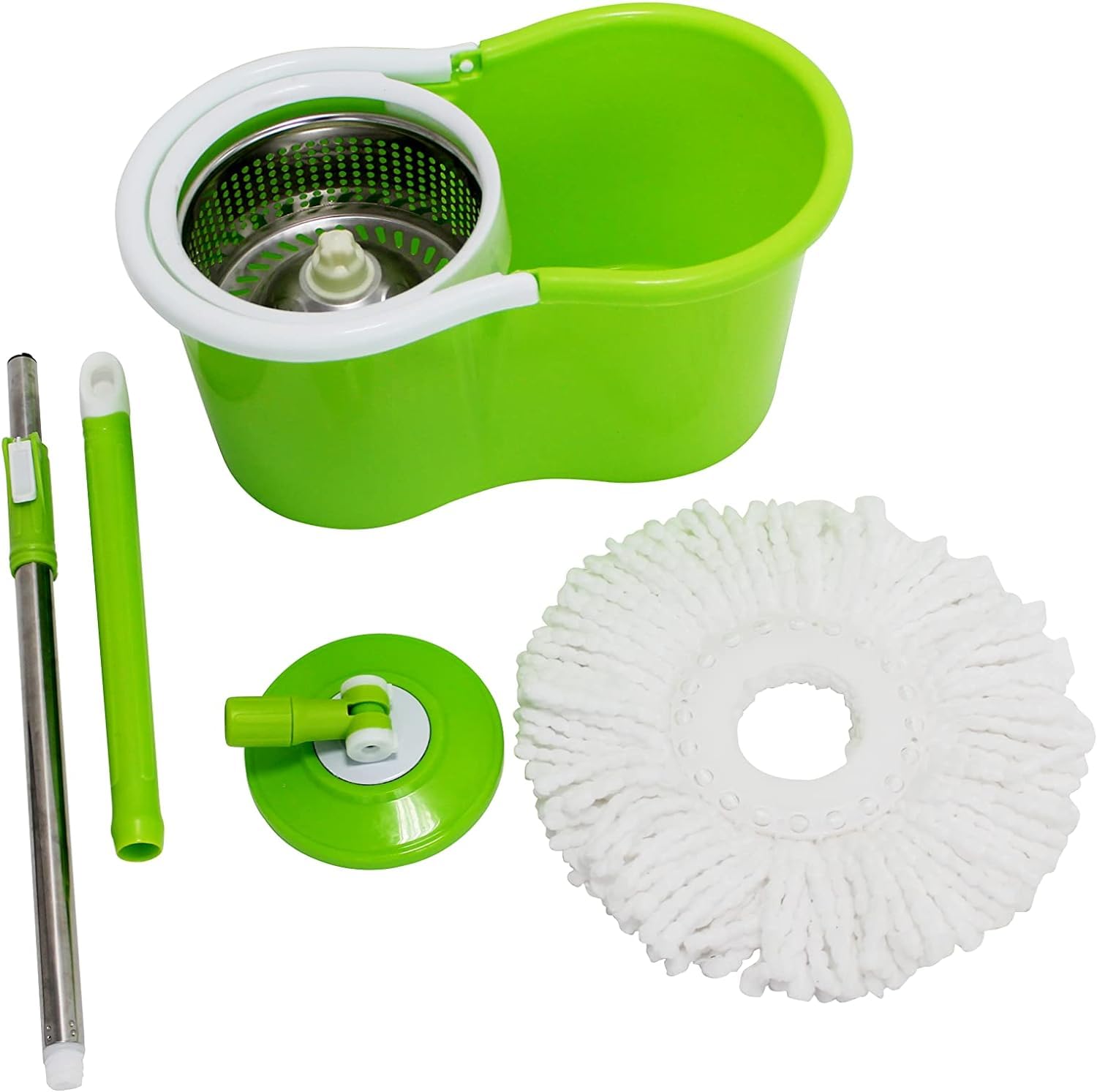 Home Essential Spin Mop Bucket Set Microfibre Floor Spin Mop and Bucket Set with 2 Super Absorbent Reusable Mop Heads, 6L Mop Bucket with Stainless Steel Mop Bucket With Wringer. (GREEN)