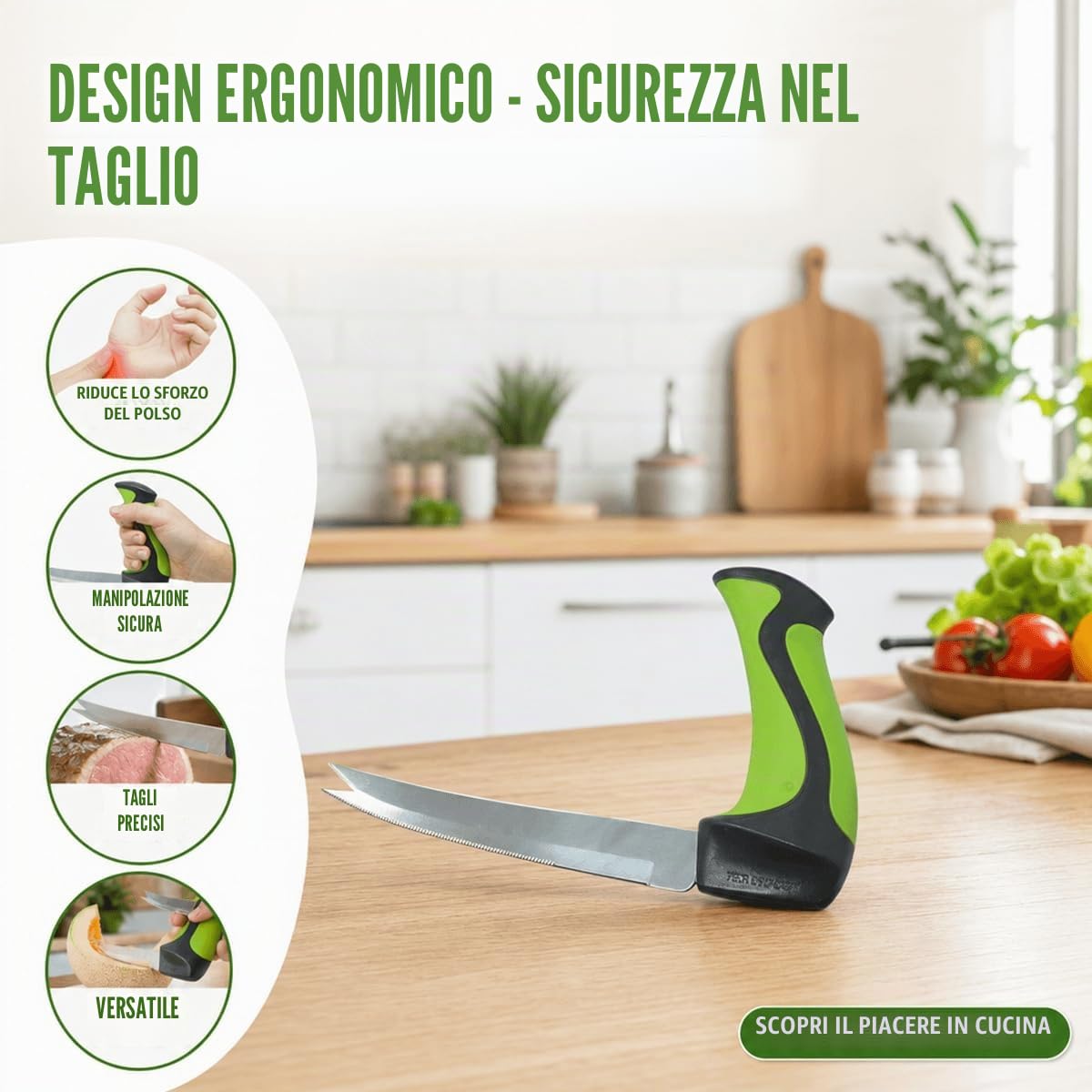 ATC Handels GmbH Coltello multiuso da cucina – Coltello da cucina ergonomico – Manico angolato per una posizione neutrale del polso – Manipolazione antiscivolo