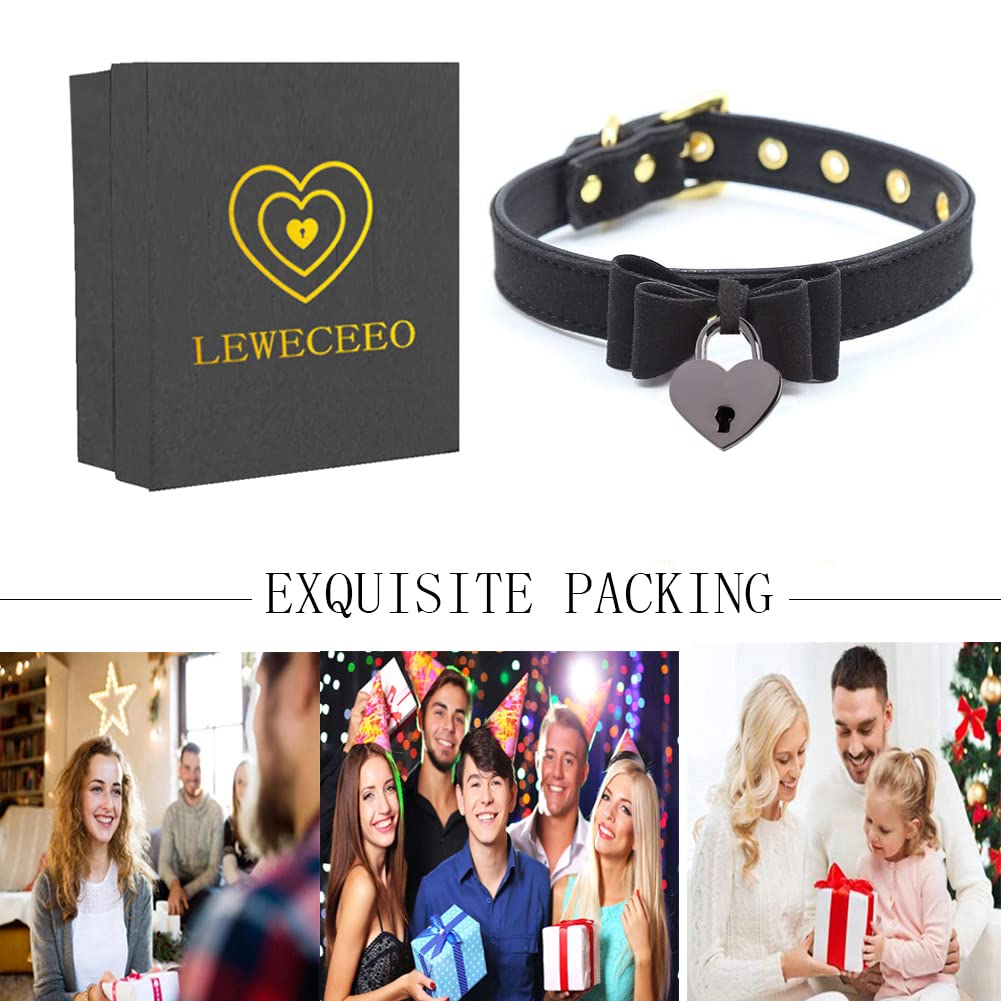 LEWECEEO Women Heart Lock Collar Necklace Choker with Bell Bow Cosplay Necklace