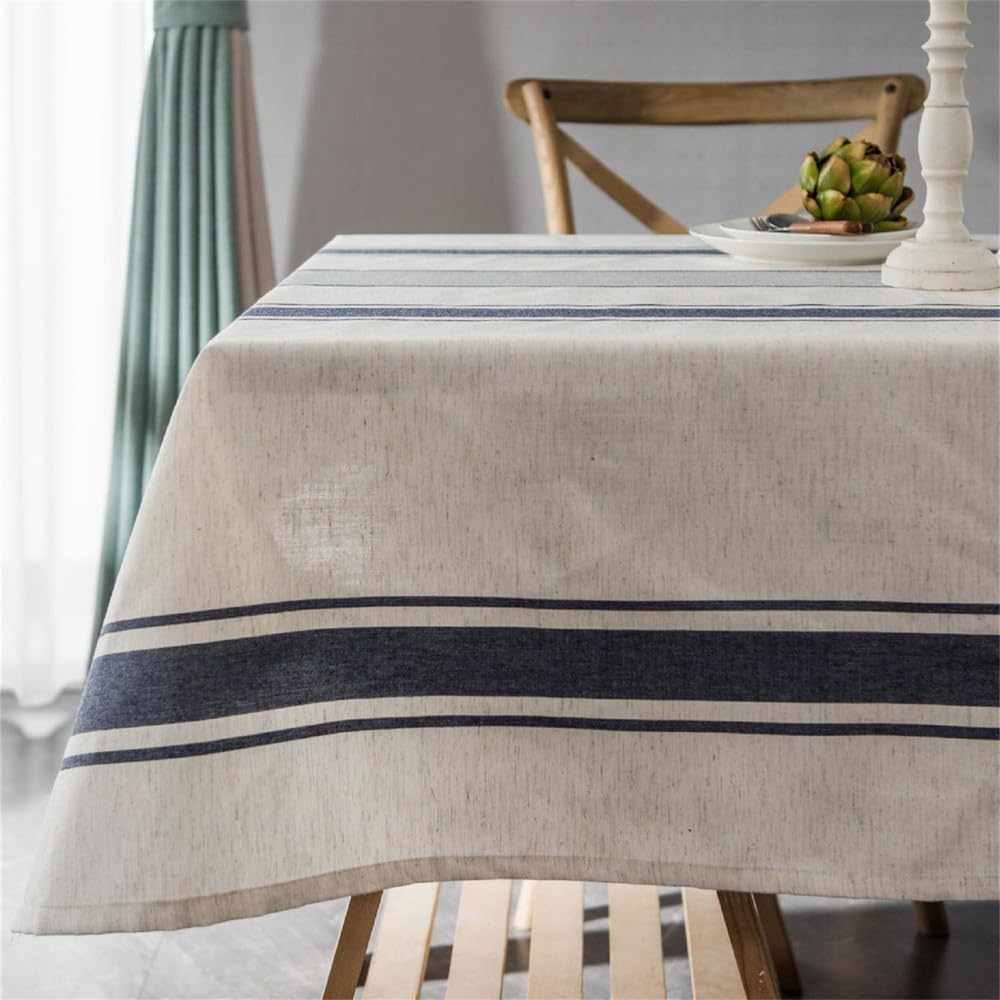 Mantel de Lino y algodón de Estilo Rural con diseño de líneas Azules, para decoración de Cocina, Bodas, comedores, Azul Marino, 140 x 180 cm