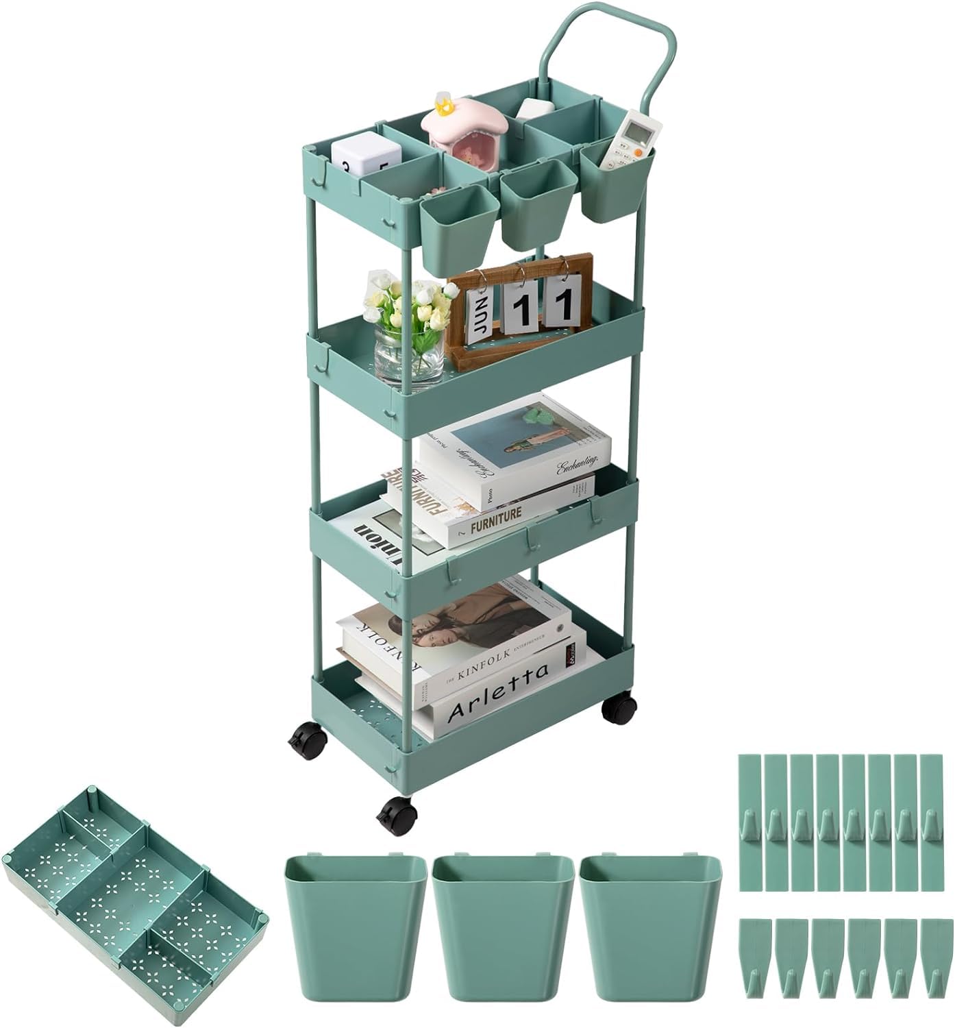 danpinera Carrello stretto per bambini, carrello da portata con 4 piani, carrello da cucina con pareti divisorie e ganci e bicchieri da appendere, carrello per nicchia per cameretta dei bambini
