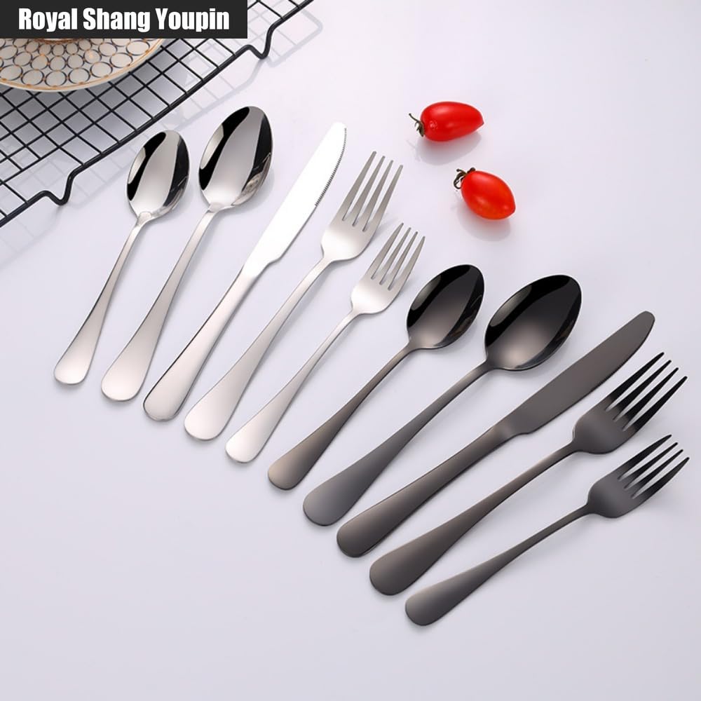 Moderno E Minimalista Allargamento Appiattimento Maniglia Cucina Acciaio Inossidabile Posate Stoviglie Posate Set Coltello Da Bistecca Forchetta Cucchiaio Cucchiaino (Oro bianco,20 pezzi)
