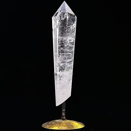 Cetro de cristal blanco con punta de varita de cristal curativo largo, piedra decorativa, meditación Reiki con soporte de exhibición, decoración de