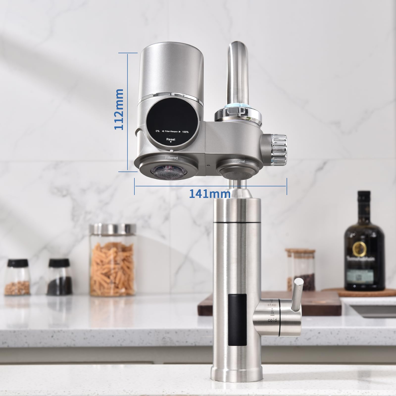 HOMELODY Wasserfilter Wasserhahn mit Blaulicht, 5 Filter Enthalten & Wasserfilter Trinkwasser für Küche, entfernt Chlor, Schwermetalle & Kalk, verbessert den Geschmack, 12x Adapter