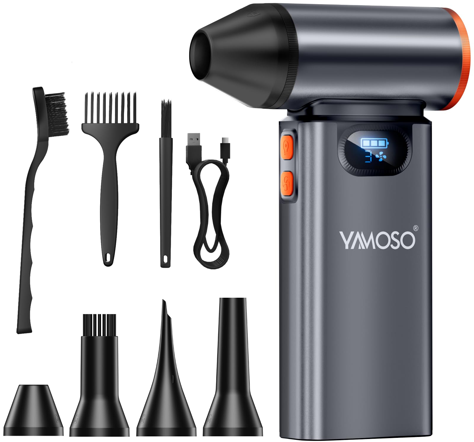 YAMOSO Aria Compressa Elettrico Metallo, 180000 giri/min, 4 Velocità Portatile Soffiatore Potente con Batteria 8000mAh, Luce LED, Mini Aria Compressa Spray per Pulizia PC, Tastiera, Auto, Casa, Divano