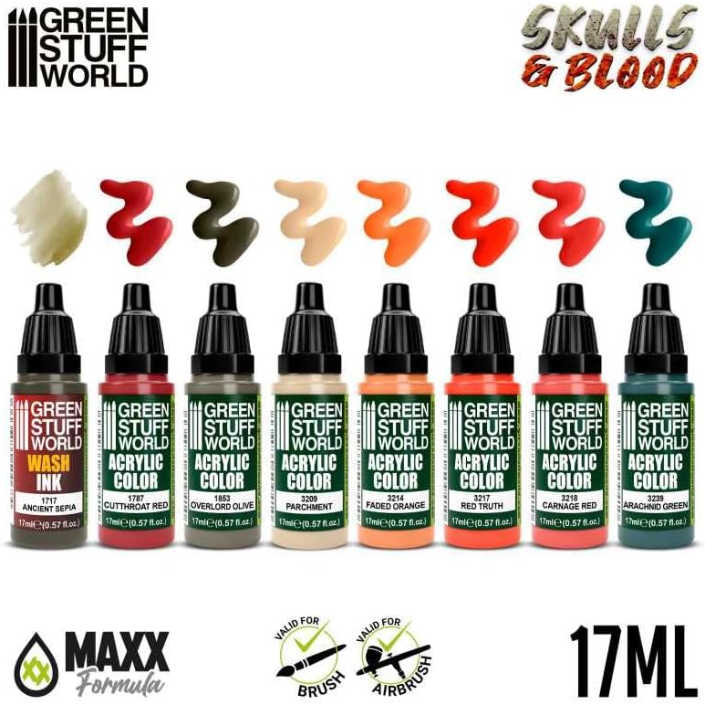 Green Stuff World Maxx Formula Acrylic Paint Set, Skulls & Blood, 8 Colors, 17ml Dropper Bottles 12064