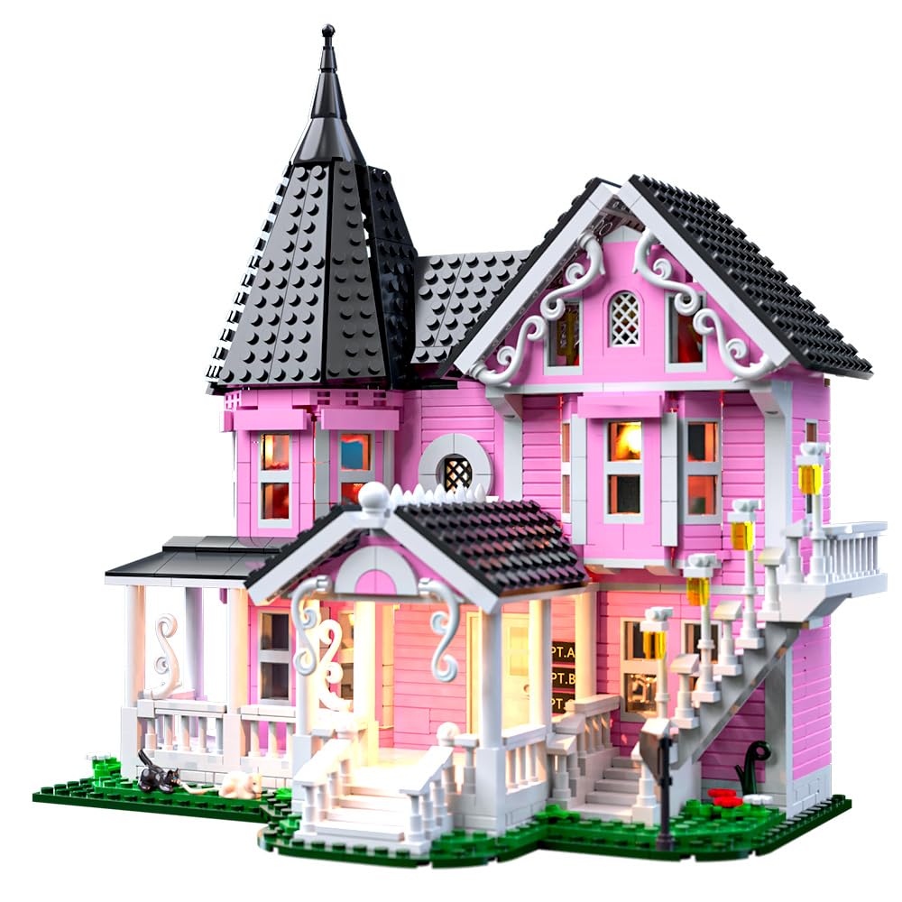 Pink Palace House Building Set with Lights, Halloween Haunted House Blocks Toy, Halloween House Kit for Kids Adults,Christmas for Girls and Boys, Aged 8+ (1349PCS)
