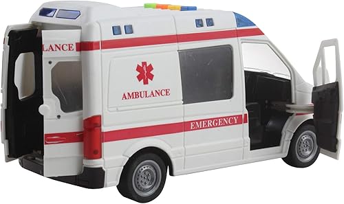 Miniatura 4 de Vokodo Ambulancia de rescate alimentada por fricción a escala 116 con luces y sonidos, transporte médico para niños, vehículo de emergencia Push and