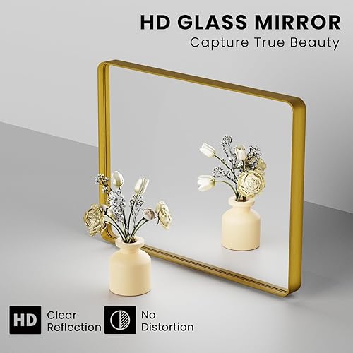 Miniatura 344 de Espejo de baño dorado, 48 x 30 pulgadas, espejo de marco de metal dorado cepillado para pared, espejo rectangular redondeado de tocador de baño