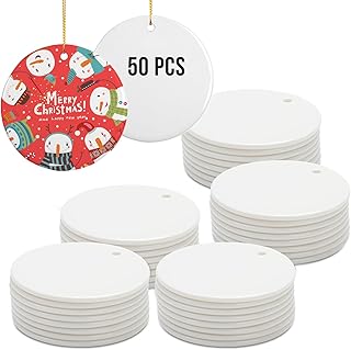 PYD Life Sublimation Ceramic Ornament Bulk Blank Ornament with Gold String for Crafting DIY Personalized Christmas Home Decor Bulk (2.75 Inch Round, 50)