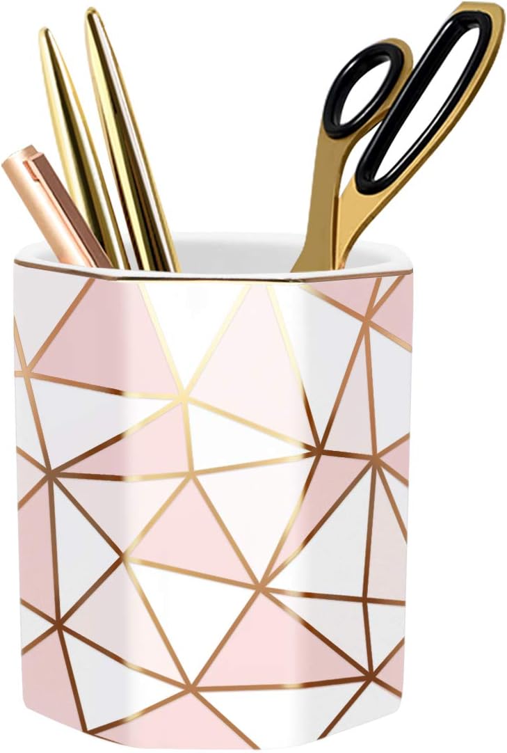 WAVEYU Pencil Holder, Pen Holder for Desk, Cute Makeup Brush Holder Marble Pattern Pencil Cup for Kids Girls Durable Ceramic Desk Organizer Ideal Gift for Office, Home, Golden Marble