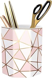 WAVEYU Pencil Holder, Pen Holder for Desk, Cute Makeup Brush Holder Marble Pattern Pencil Cup for Kids Girls Durable Ceramic Desk Organizer Ideal Gift for Office, Home, Golden Marble