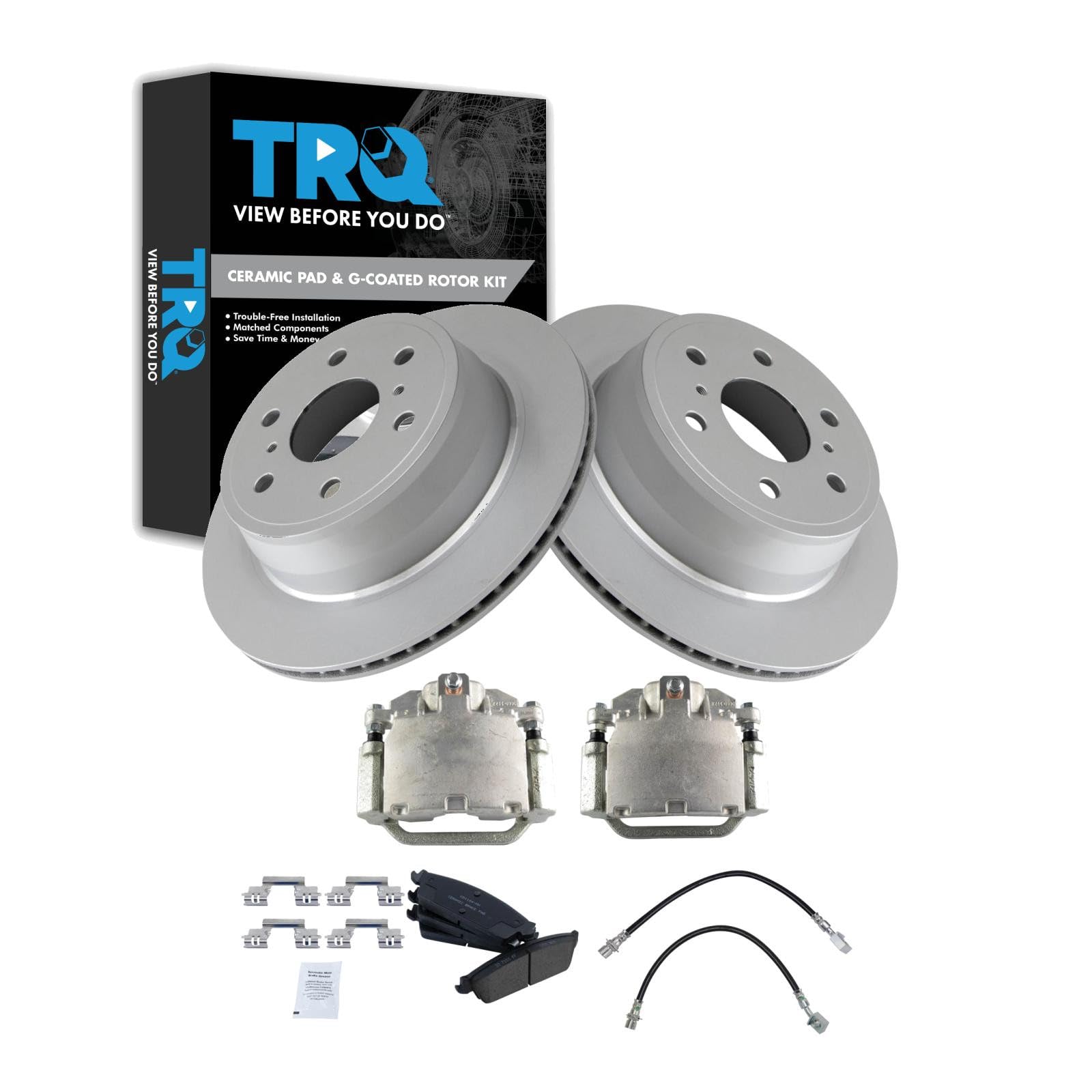 TRQ Rear Brake Pad and Rotor Set Ceramic G Coated Rotors Calipers Compatible with 2007-2013 Chevrolet Silverado 1500 Sierra 1500