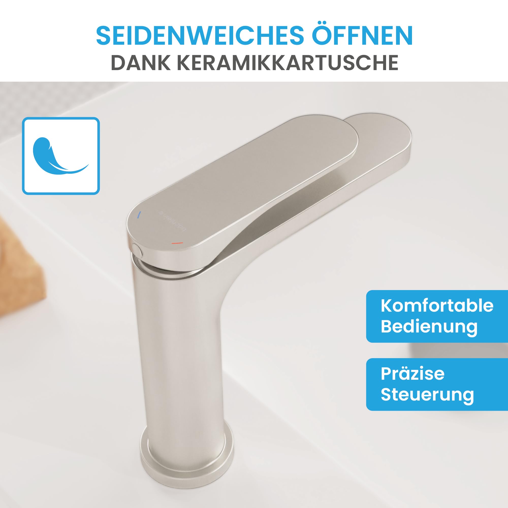 Bächlein Design Badarmatur Elowa Edelstahl gebürstet, Einhebelmischer mit langlebiger Keramikkartusche