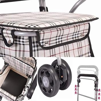 Multi-Function Shopping Trolleys Kitchen Storage Utility-Carts Folding Four-Wheel with Padded Seat Height Adjustable Shopping Cart Elderly Walking Assist Carts Silver 55X50Cm