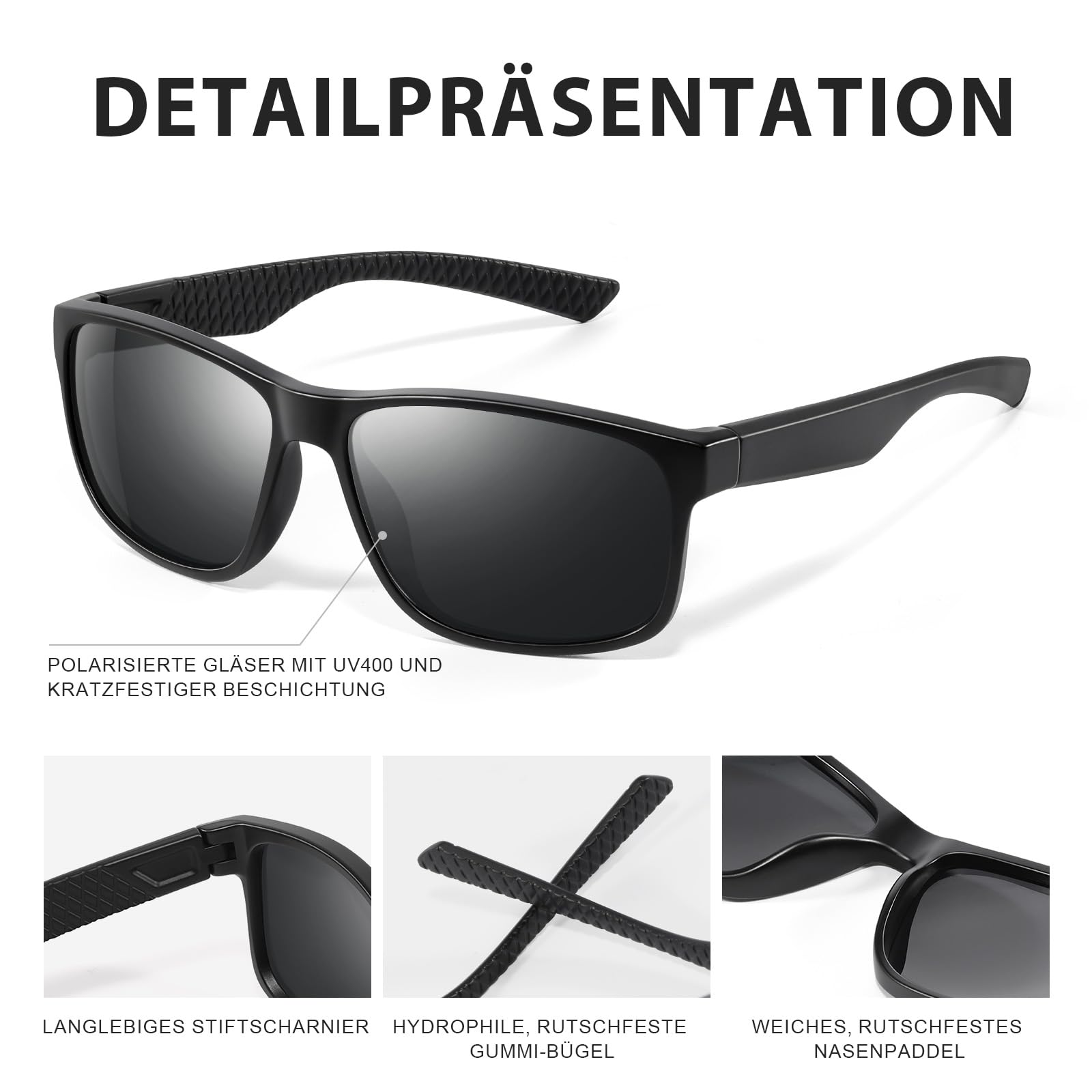 Sonnenbrille Herren Polarisiert Damen UV400 Schutz Sport Sunglasses Men Women Unisex Ultraleichte Rechteckig Rahmen Schwarz Retro Polarisierte Sonnenbrillen für Angeln, Fishing, Fahren, Ski